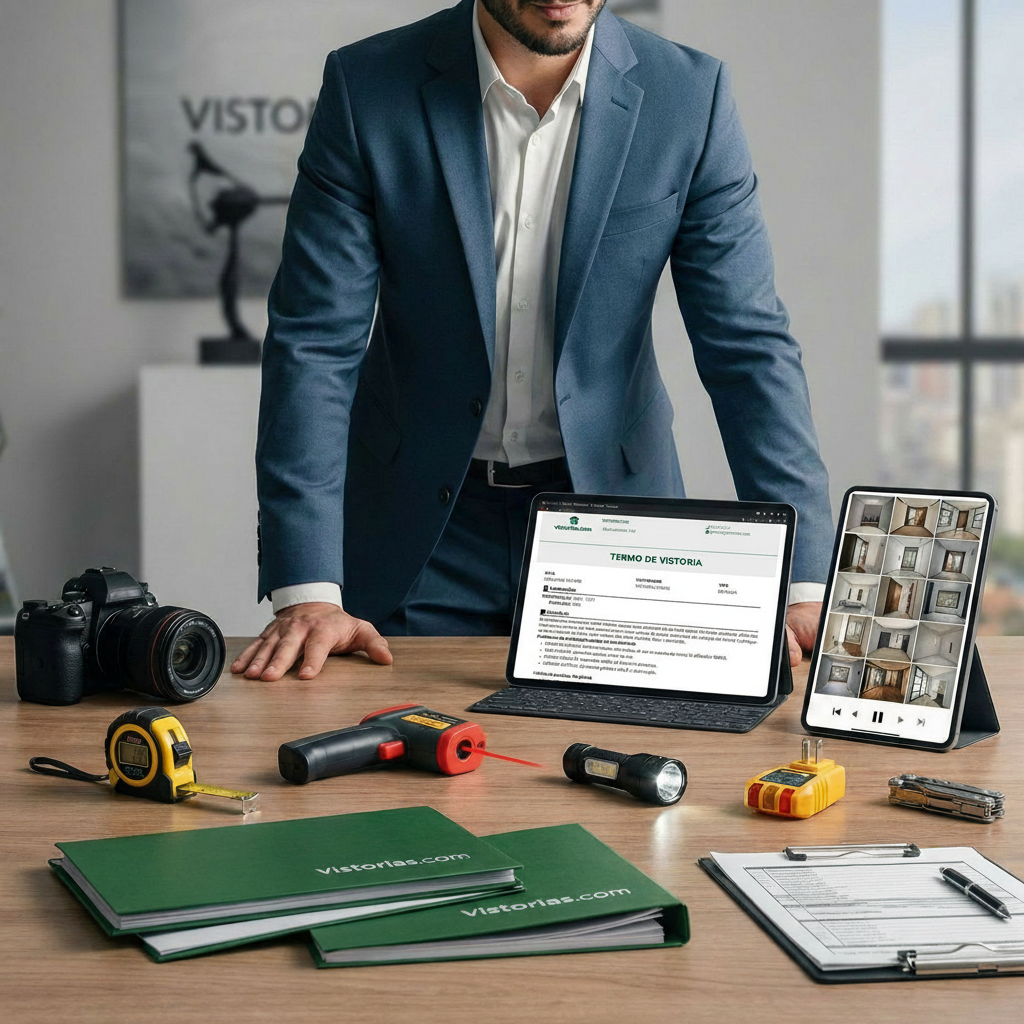 Bancada com relatórios e instrumento de medição.
Sobre