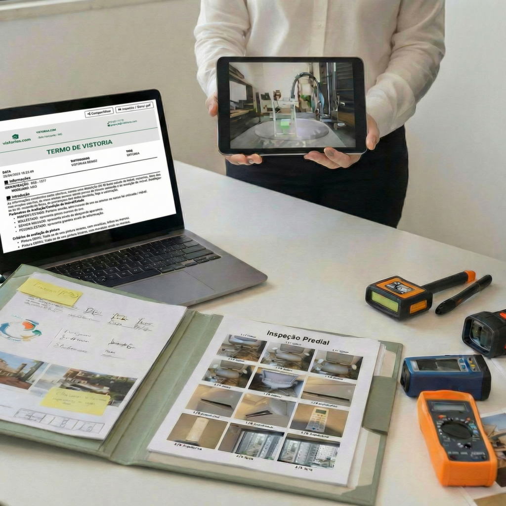 Relatório exemplificado em documento e computador.
Vistorias.com