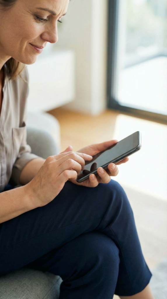 Mulher enviando mensagem no celular. Vistorias.com