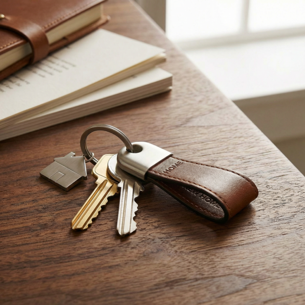 Chaves dispostas sobre a mesa com uma casa de chaveiro.
Serviços.