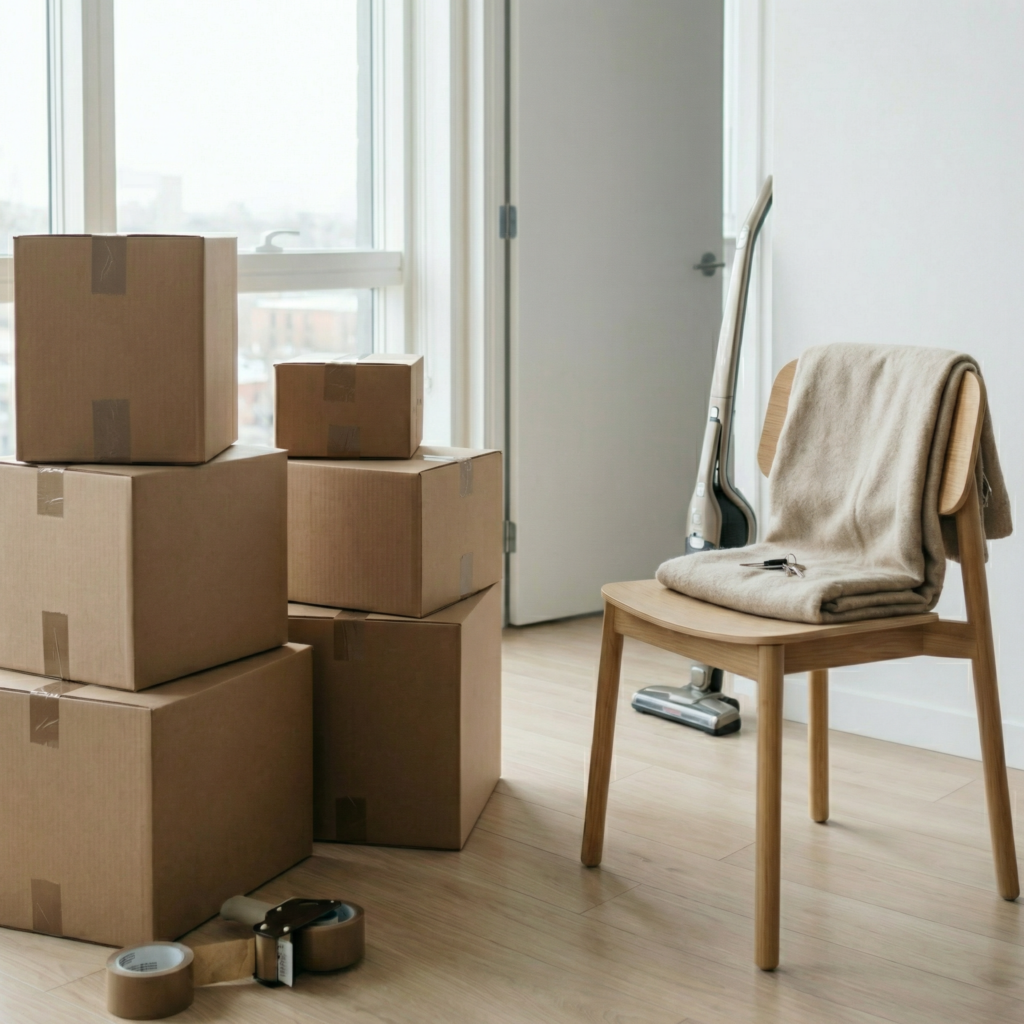 Comodo com caixas de papelão indicando mudança.
Serviços.