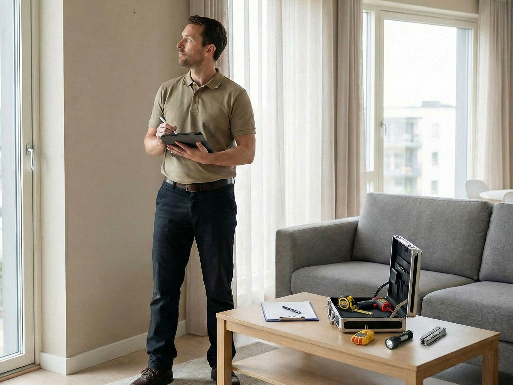 Homem com tablet observando imóvel. Serviço.