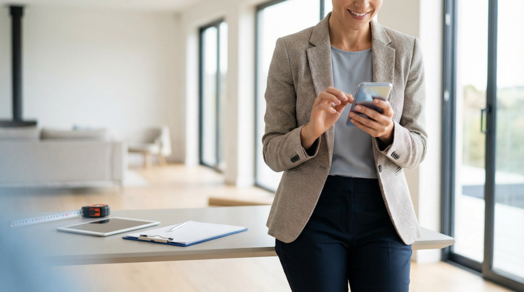 Mulher satisfeita com o telefone na mão.
Vistorias.com